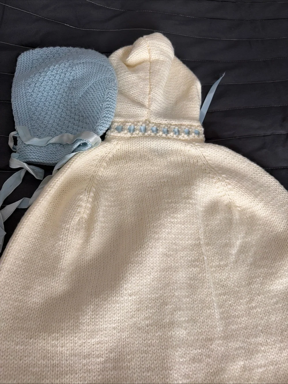 Cream Knit Hooded Baby Snuggler with Light Blue Accents